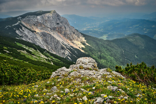 Wandern auf der Rax /Heukuppe, Predigtstuhl, Schlangenweg in Nieder&ouml;sterreich - Landschaft mit Berg, Fels, Gipfel, Wiese, Wanderweg und dramatisch bew&ouml;lktem Himmel
