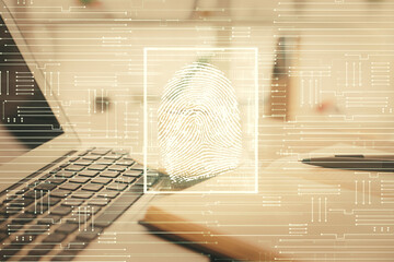 Double exposure of fingerprint drawing and desktop with coffee and items on table background. Concept of security.