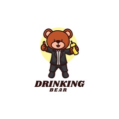 Vector Logo Illustration Drinking Bear Mascot Cartoon Style.
