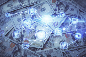 Multi exposure of social network drawing over us dollars bill background. Concept of people connection.