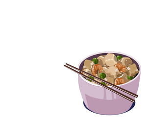 steamed pork with rice, pea and prawn in a bowl with chopsticks. Isolated steamed pork on white background. Close up hand drawing authentic food vector illustration. Anime food.