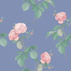 Wandaufkleber Floral seamless pattern, pink roses and green leaves on blue © momosama