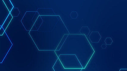 Hexagon geometric blue neon lights technology Hi-tech dark background. Abstract graphic digital future science concept design.