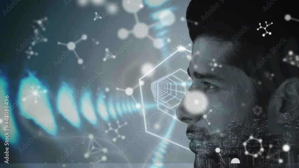 Aufkleber molecular structures floating over neon digital tunnel against side view of man