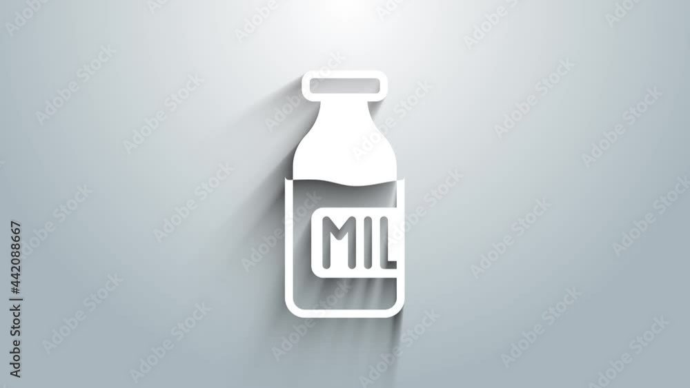 Poster White Closed glass bottle with milk icon isolated on grey background. 4K Video motion graphic animation