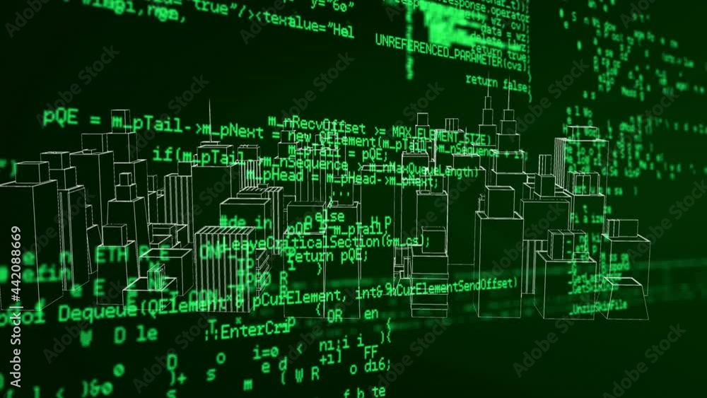 Poster digital animation of data processing over 3d city model spinning on black background
