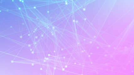 Naklejka na ściany i meble Abstract pink blue polygon tech network with connect technology background. Abstract dots and lines texture background. 3d rendering.