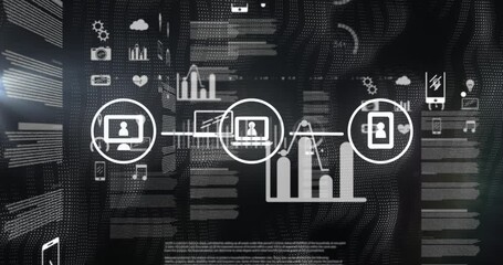 Network of digital icons against digital interface with data processing on black background - Powered by Adobe