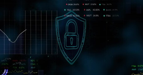 Security padlock icon against financial and stock market data processing against blue background - Powered by Adobe