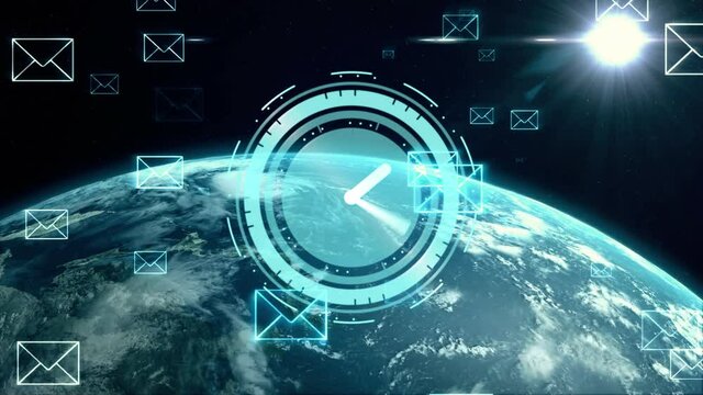 Animation of clock moving fast network of connections with envelopes over globe