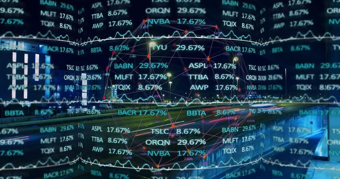 Stock market data processing over spinning globe against view of night city traffic