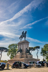 Rome, Lazio, Italy - Bronze statue of the Italian general and patriot Giuseppe Garibaldi, on horseback, at the Janiculan Hill (Janiculum). Monument to the hero of Italian unification (Risorgimento).
