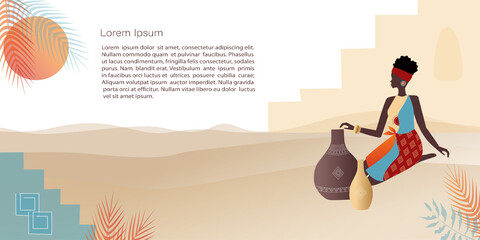 Beautiful african woman, plants, abstract shapes and landscape. Abstract posters in minimalistic style. Vector Template with copy space for invitation, cards or banner and  poster, Landing Page