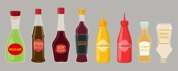 A set of different types of sauces.Soy sauce, mustard, wasabi,ketchup, fish sauce, curry sauce, teriyaki and garlic sauce.Plastic and glass packaging.Vector illustration on a gray background.