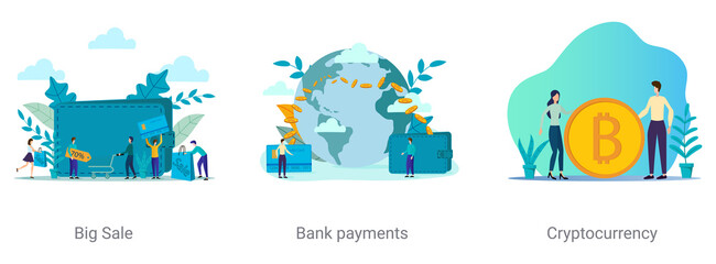 A set of vector illustrations on the topic of business.Big sale,bank payments,cryptocurrency.Abstract illustrations.