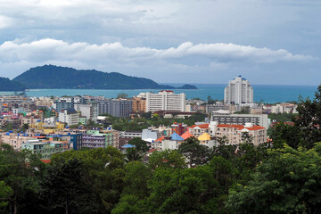Fototapeta na wymiar Phuket Patong beach district city view show many density of building on the beach photo from mountain