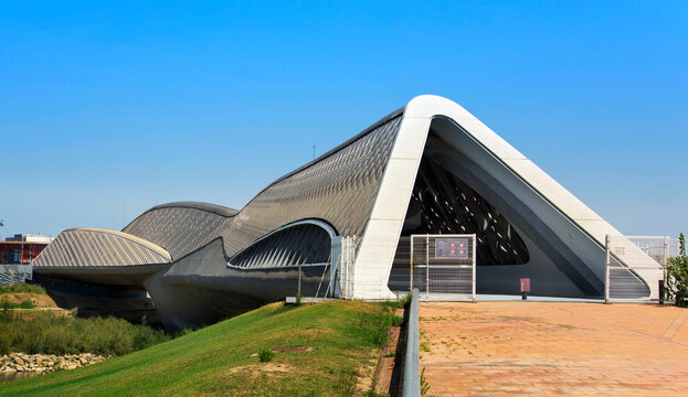 ZARAGOZA, SPAIN - AUGUST 19, 2017: A view of the Bridge Pavilion, a pavilion above the Ebro River in Zaragoza, Spain, built for the international exposition Expo 2008 