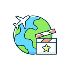 Setjetting tourism RGB color icon. Location hunting for movie shooting. Visit foreign country for filmmaking. Isolated vector illustration. Travel industry category simple filled line drawing