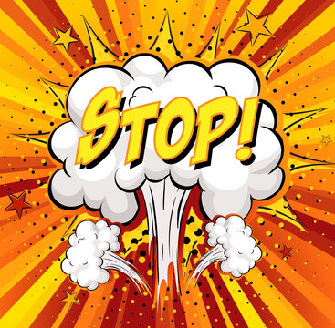 STOP text on comic cloud explosion on rays background