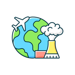 Atomic tourism RGB color icon. Nuclear industry exploration abroad. Flight to foreign country. Industrial discovery. Isolated vector illustration. Travel industry category simple filled line drawing