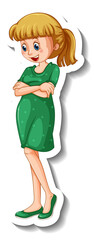 A sticker template with a woman wearing green dress in standing pose