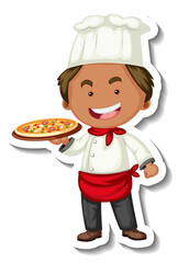 Sticker template with a chef man holds pizza tray isolated
