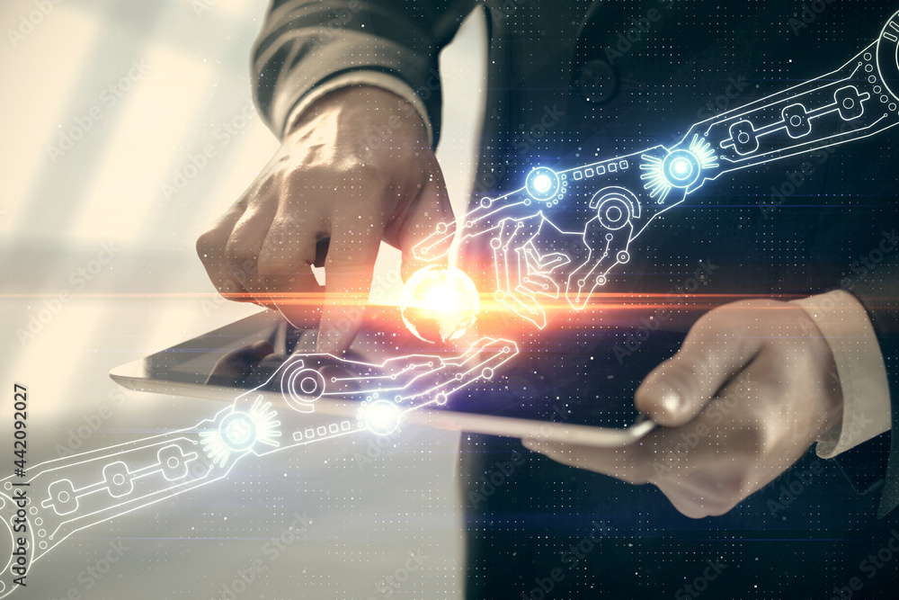 Poster double exposure of man's hand holding and using a digital device and data theme hologram drawing. te
