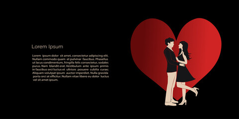 loving couple on the background of a huge heart, the theme of love and passion. Vector in red-black colors. Vector Template with copy space for invitation, cards or banner and  poster, Landing Page