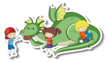 Sticker template with a dragon and many kids isolated