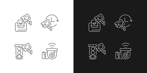 Surveillance system linear icons set for dark and light mode. Electoral fraud prevention. 24 hour monitoring. Customizable thin line symbols. Isolated vector outline illustrations. Editable stroke