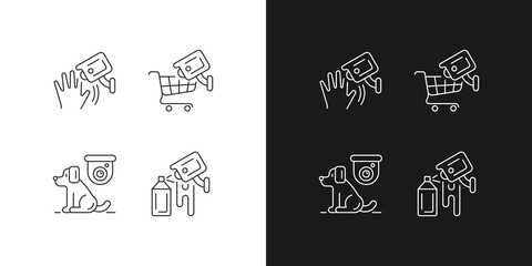 CCTV camera installation linear icons set for dark and light mode. Motion detection. Tracking customers. Customizable thin line symbols. Isolated vector outline illustrations. Editable stroke