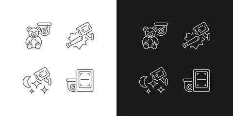 Security monitoring solution linear icons set for dark and light mode. Children protection. Public safety. Customizable thin line symbols. Isolated vector outline illustrations. Editable stroke
