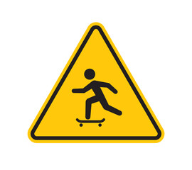 Vector yellow triangle sign - black silhouette symbol skateboarder. Isolated on white background. 