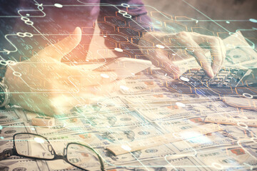 Multi exposure of man's hand holding and using a digital device and data theme drawing. Innovation concept.