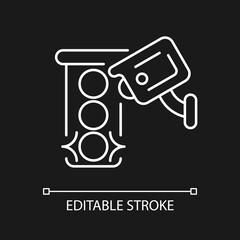 Traffic enforcement camera white linear icon for dark theme. Monitoring roads. Drivers safety. Thin line customizable illustration. Isolated vector contour symbol for night mode. Editable stroke