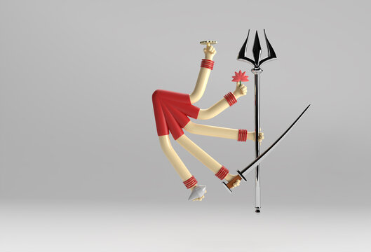 3D Render Happy Durga Puja Background Goddess Durga Festival Woman Hand with Sword and Triden.