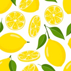 Seamless pattern with lemon fruit and leaves. Flat vector summer citrus digital paper. Food repeat background for textile, web backdrop, fabric, wrapping paper, wallpaper, scrapbooking