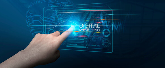 Hand touching screen of the glow light Data digital marketing graph in dark background. 3D illustration in Technology concepts.