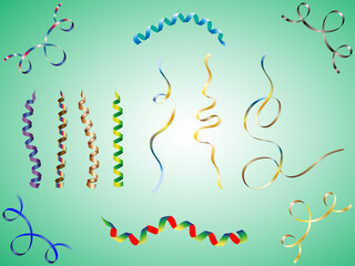 Set of shiny, colorful serpentine ribbons. Vector illustration for holiday design.