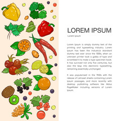 Agricultural leaflet template with hand-drawn vegetables and fruits. Various organic products for a healthy diet. Space for the text. Stock illustration