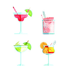 Vector Illustration Set of Glasses of Cosmopolitan Cocktail, Grapefruit Gin Cocktail, Margarita Cocktail, Tequila Sunrise Cocktail on isolated background. Flat Concept. Bar Menu Design.