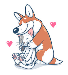 Cat and dog hugs. Cute cartoon cat and corgi dog hugs. Vector illustration. 