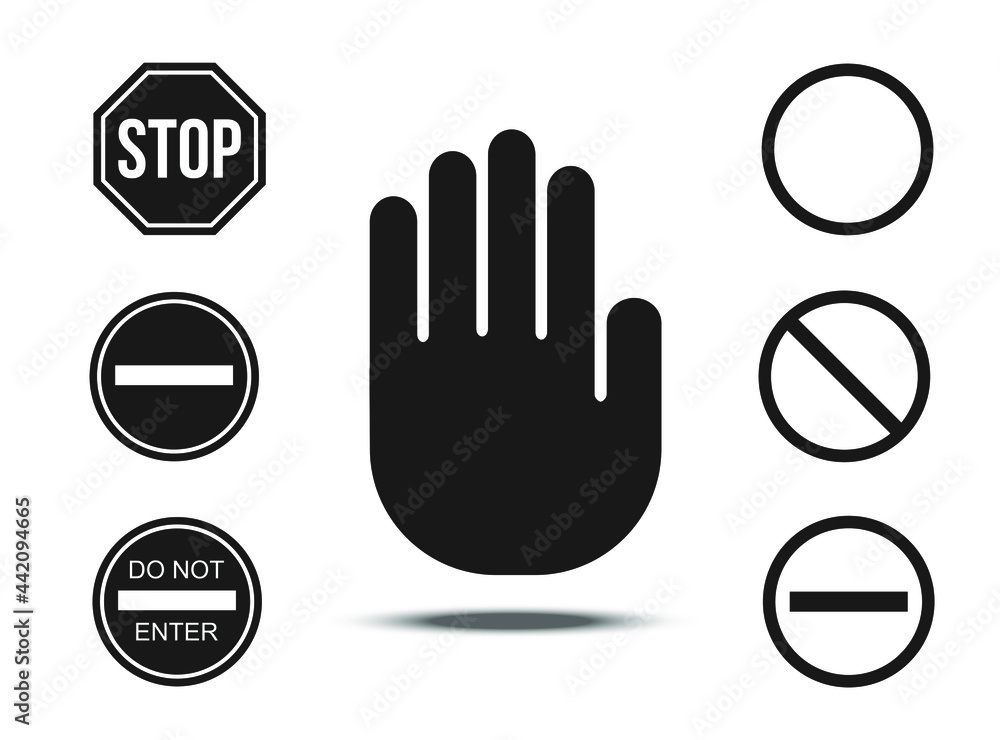 Wall mural Stop road sign set. Warning road information for drivers and pedestrians, no cars are coming signing system signal. Vector illustration isolated on white background.