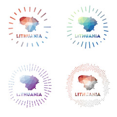 Lithuania low poly sunburst set. Logo of country in geometric polygonal style. Vector illustration.