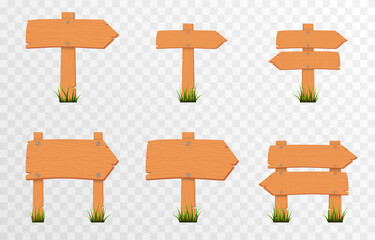 Set of cartoon wooden pointers, signs on green grass. Wooden pointers, plaques on an isolated transparent background. PNG.