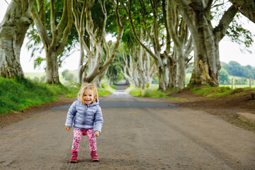 Cute toddler girl walking on a rainy day in the beginning of The Dark Hedges. Northern Ireland. Happy child visiting with parents and family famous Irish tree avenue
