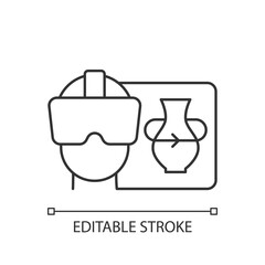 VR linear icon. Virtual reality for interactive classes. Innovative film production. Thin line customizable illustration. Contour symbol. Vector isolated outline drawing. Editable stroke