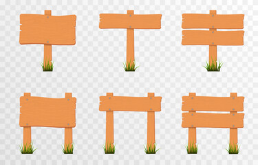 Set of cartoon wooden pointers, signs on green grass. Wooden pointers, plaques on an isolated transparent background. PNG.