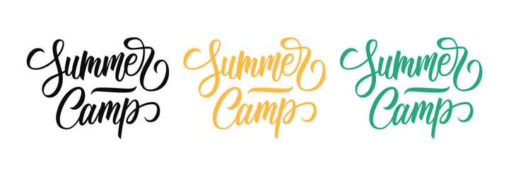 Summer Camp. Creative typography isolated on white background. Hand drawn lettering for summertime season graphic design. Black, orange and green color. Vector illustration.