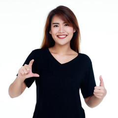 interesting cutout portrait of pretty young healthy girl on black shirt standing with beautiful smile and lifting arms to show her doubted empty palms ahead acting like expressing size